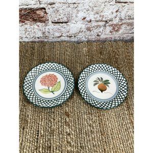 Set of 2 Royal Norfolk Ceramic Salad Plates Dishes Green Lattice Fruit Theme 9in